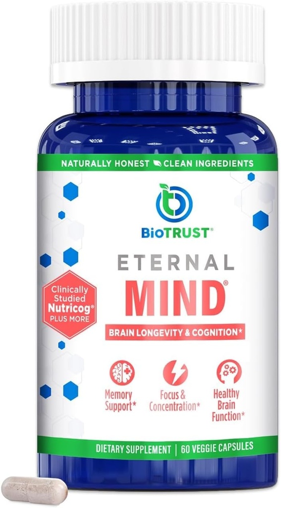 BioTrust Evig Mind Brain Supplements for Memory & Focus - Sharpen Mental Agility, Recall & Concentration with Age - Klinisk Studeret supplement til Longevity & Cognition - 30 Serveringer