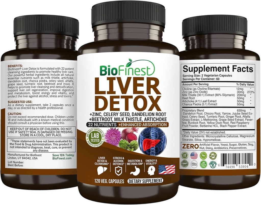 BioFinest Lever Detox Supplement - 22 Nutrients Milk Thistle Artichoke Sellery Seed Chanca Piedra Beet Root Dandelion Gurkemeje Ingefær - Alkohol Cleanse Energy fordøjelse Metabolisme (120 Veg. Kapsler)