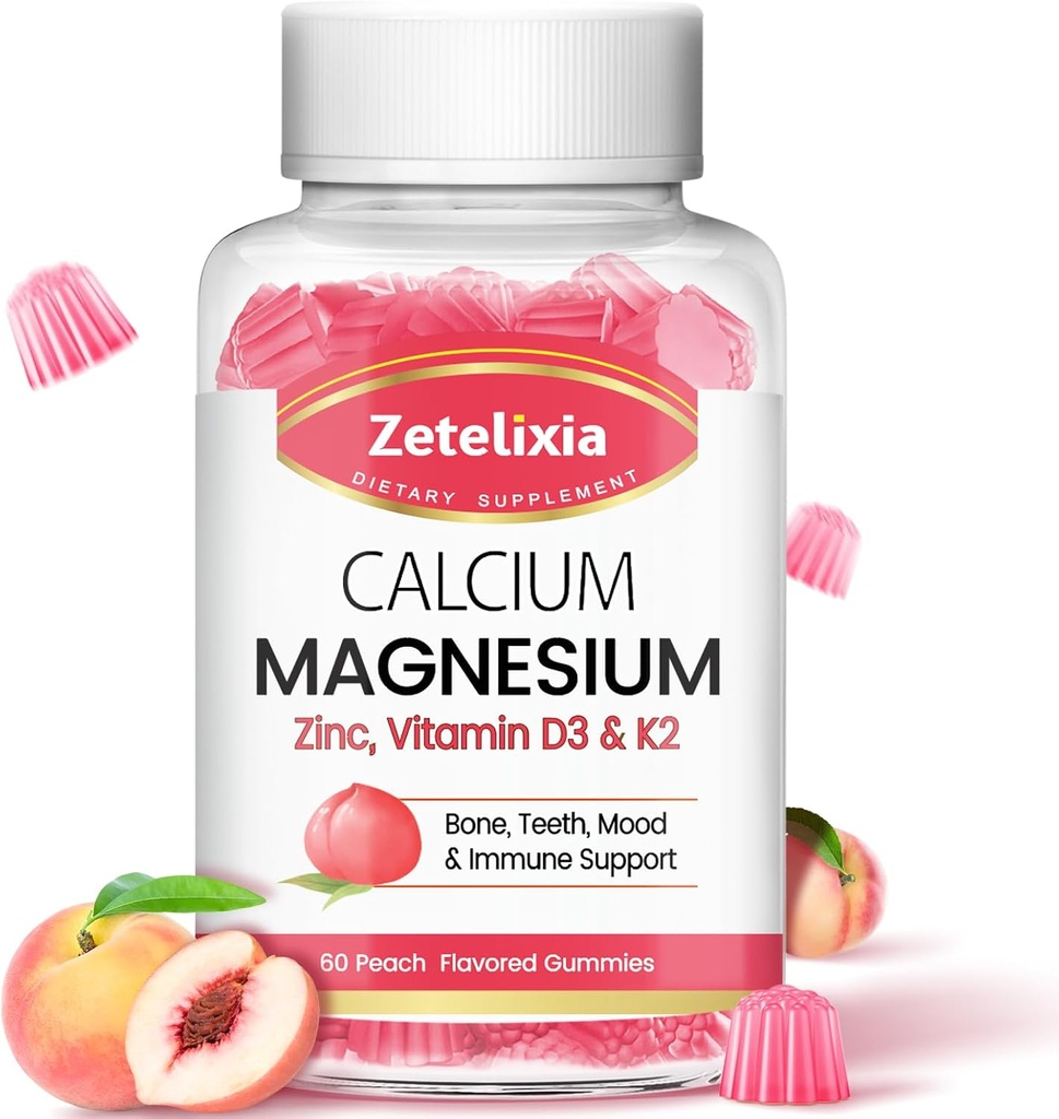 Sugar Free Calcium Citrate Gummies, Calcium Magnesium Gummies med vitamin D3 & K2 for Bones Muscles and Joints, Peach Flavor - 60 Ct