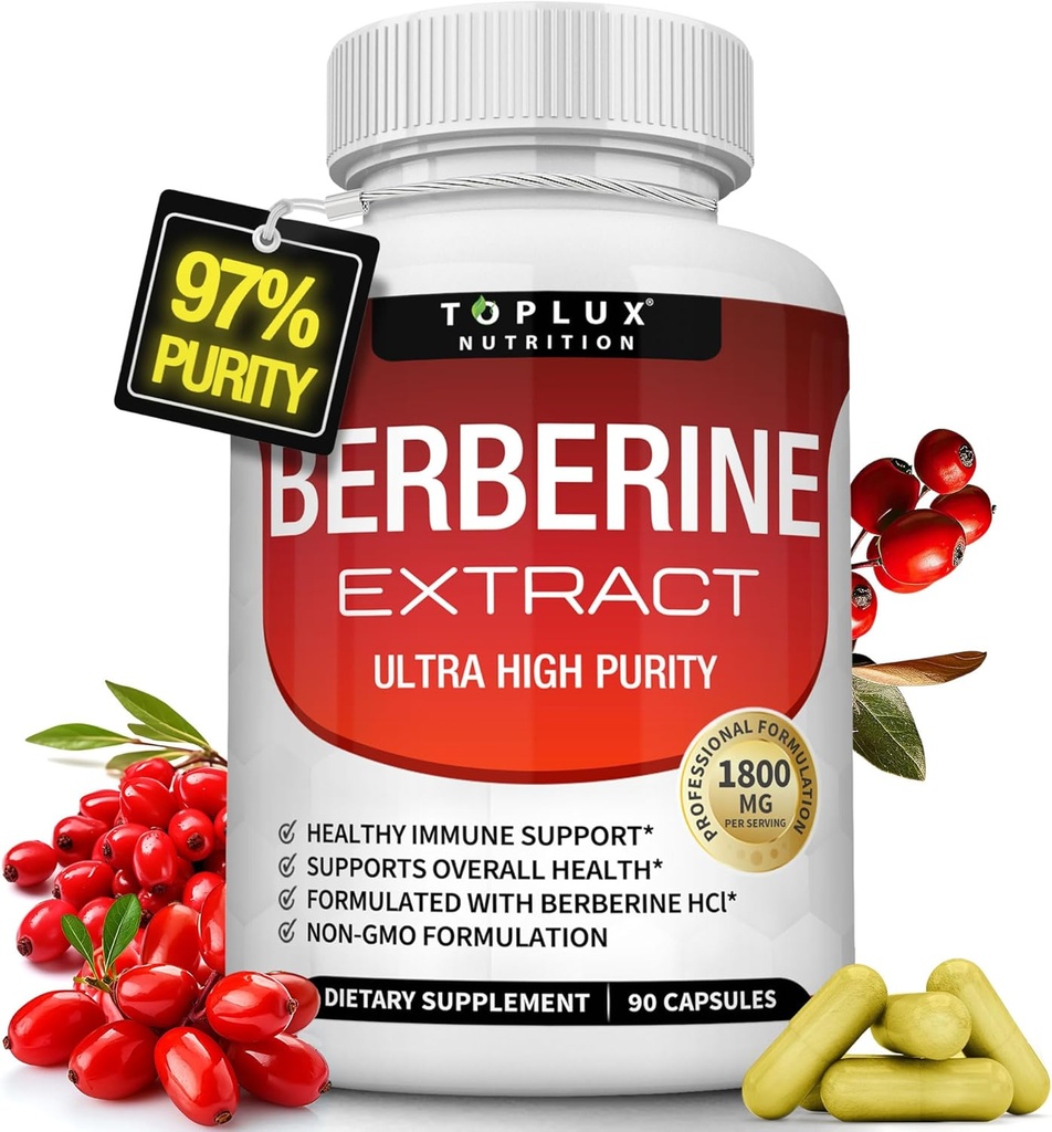 Berberine Supplement 1800 mg - Berberine HCL 97% Testet Ultra High Renhed Premium Berberine Extract til støtte for den samlede sundhed, høj potens Berberine Plus non-GMO Vegan Mænd Kvinder, 90 Kapsler