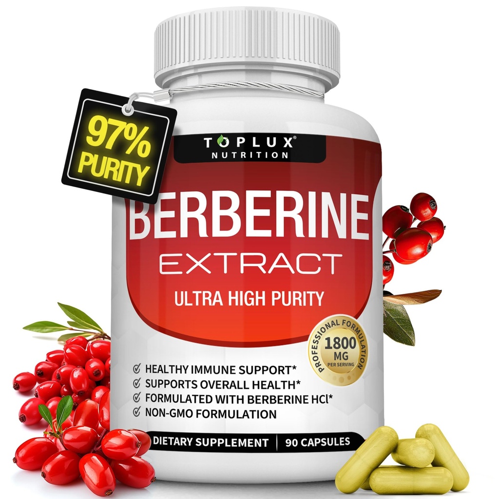 Berberine Supplement 1800 mg - Berberine HCL 97% Testet Ultra High Renhed Premium Berberine Extract til støtte for den samlede sundhed, høj potens Berberine Plus non-GMO Vegan Mænd Kvinder, 90 Kapsler