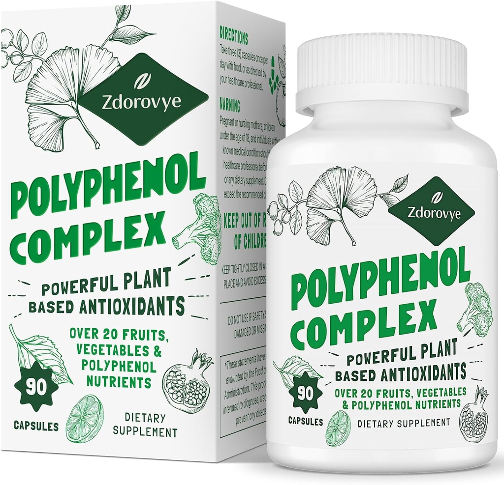 20-in-1 Polyphenoler Supplement Over 20 Frugter, Grøntsager & Polyphenoler, Kraftfulde Antioxidanter, Quercetin, Resveratrol, Gurkemeje, Grøn Tea, Polyphenoler til Alder Defense, Energi & Immun, 90 Kapsler