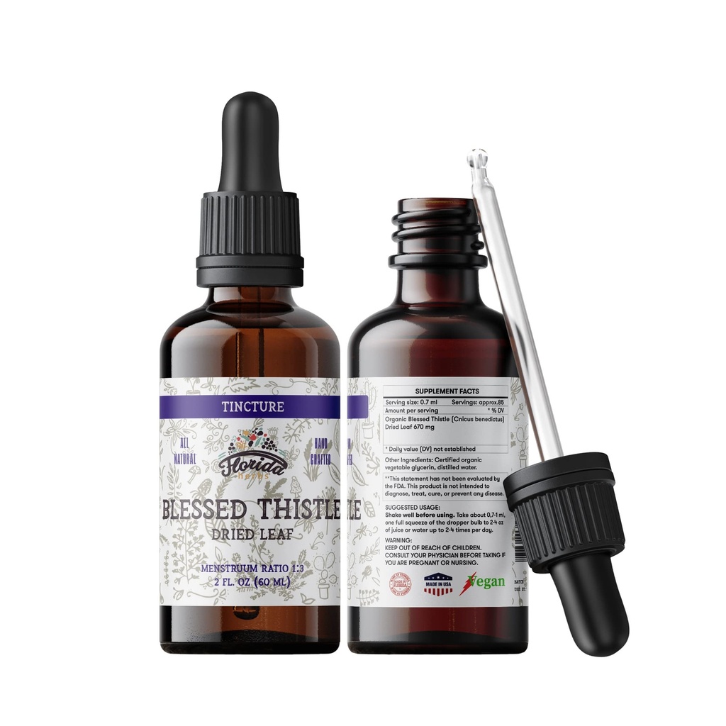Velsignet Thistle Tinktur, Økologisk Velsignet Thistle Extract (Cnicus benedictus) Urtetilskud, Non- GMO i Cold- Pressed Organic Vegetabilsk Glycerin, 700 mg, 2 oz (60 ml)