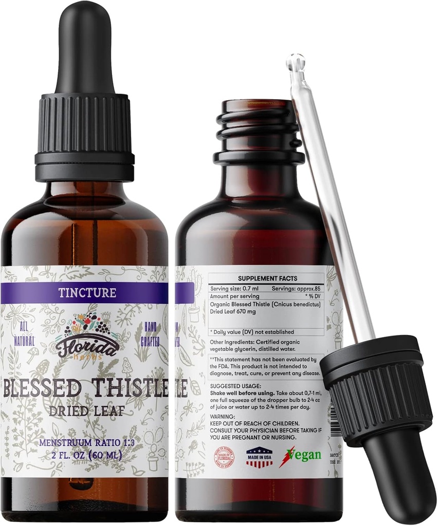 Velsignet Thistle Tinktur, Økologisk Velsignet Thistle Extract (Cnicus benedictus) Urtetilskud, Non- GMO i Cold- Pressed Organic Vegetabilsk Glycerin, 700 mg, 2 oz (60 ml)