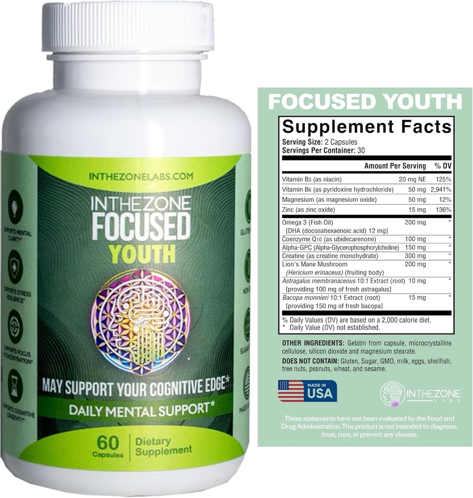 InTheZone Focused Youth - Premium Bioceutical, Nutraceutical, & Nootropic Formula for Cognitive Development, Focus, Memory, and Mental Clarity Support for Youth - 60 Capsules