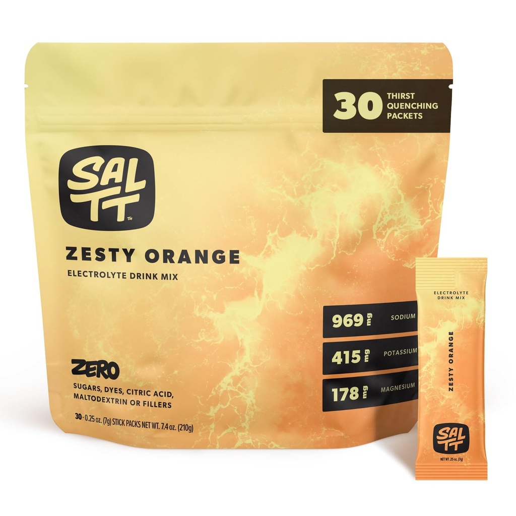 SALTT Electrolytes Powder Flavored Drink Mix - Zeress Orange - 30 Hydration Packets - Magnesium, kalium, natrium, trace mineraler - Zero Sugar & Gluten Free - Rejse Essentials