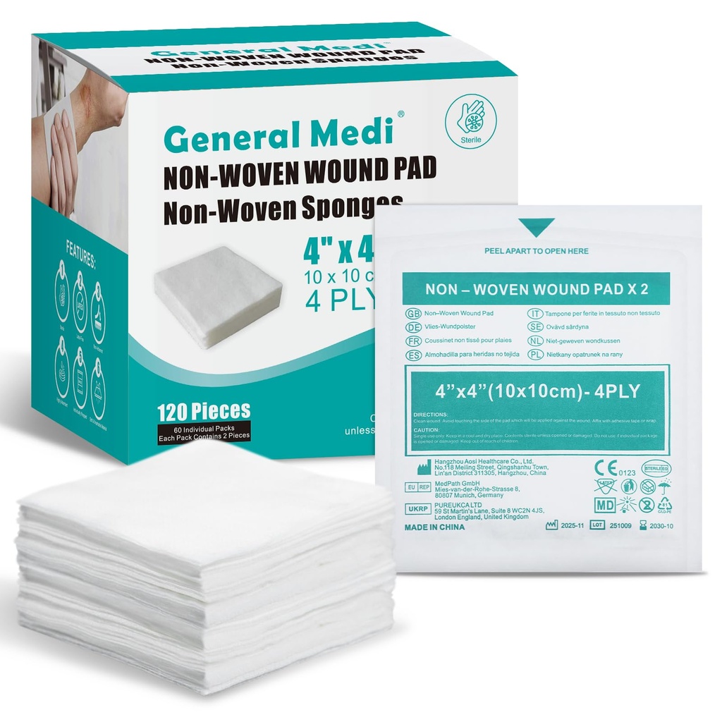 Generelt Medi Sterile Gauze Sponges, 4 "x 4" Ikke-vævet Sår Pads - individuelt indpakket Meget Absorberede Sponges Pads til Cushioning Mindre Sår, Cuts & Burns Sår Care (60 pakker, 120 stykker i alt)