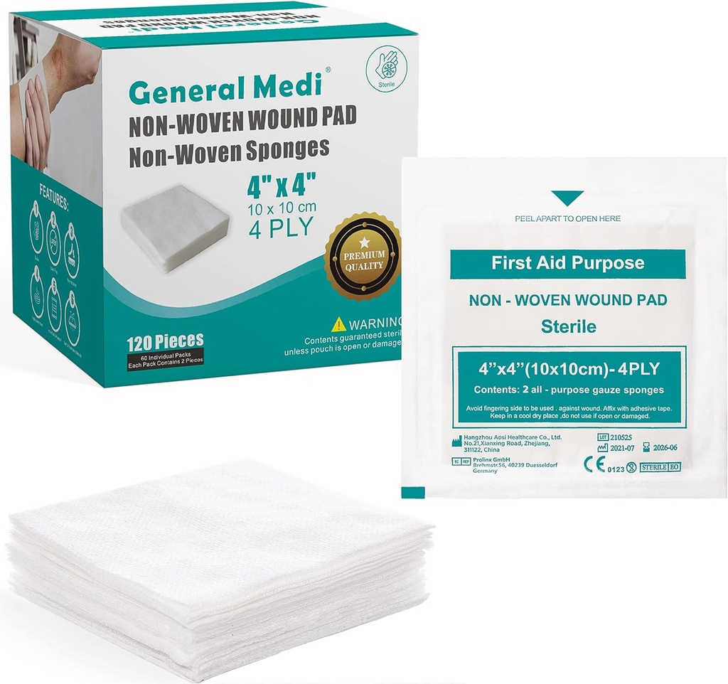 Generelt Medi Sterile Gauze Sponges, 4 "x 4" Ikke-vævet Sår Pads - individuelt indpakket Meget Absorberede Sponges Pads til Cushioning Mindre Sår, Cuts & Burns Sår Care (60 pakker, 120 stykker i alt)