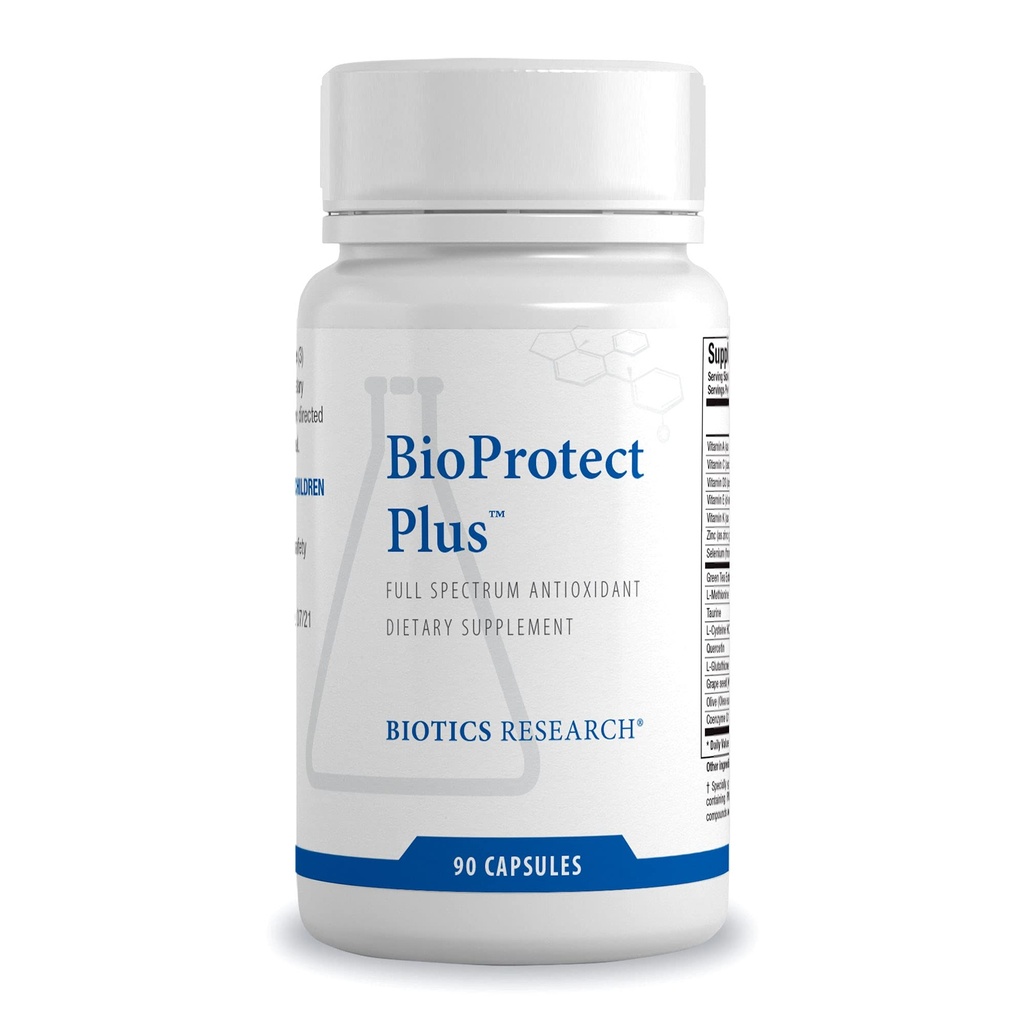 Biotics Research BioProtect Plus beskytter kroppen mod oxiderende skader, understøtter total sundhed, immunforsvar, kardiovaskulær sundhed. Glutathione, CoQ10, Taurine, Scalase, Catalase 90 Kapsler