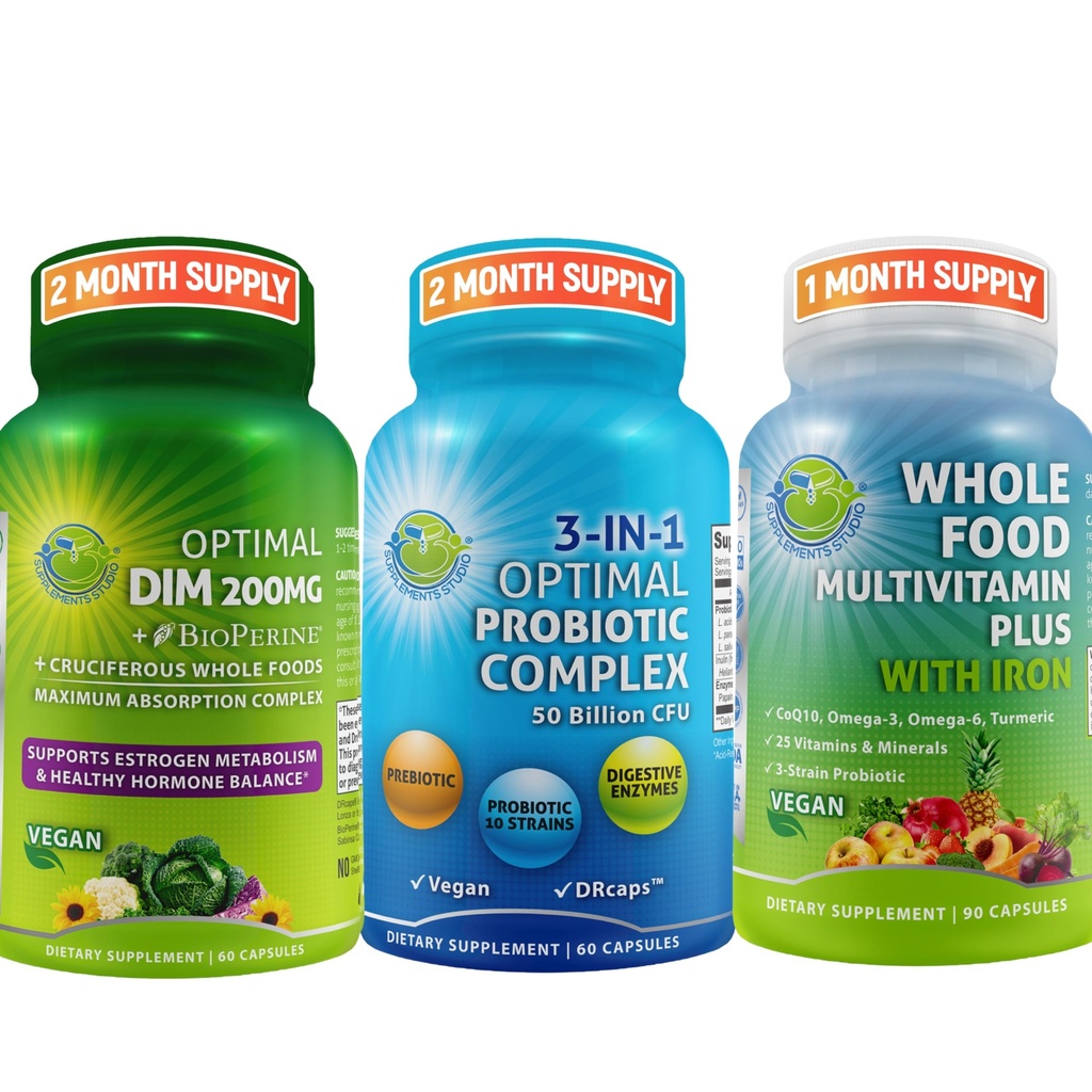 Hormonal balance & fordøjelsesmedicin Trio - DIM 200mg med BioPerine ® & Crucifereous Veggies + 3- in-1 Probiotisk med Prebiotic og enzymer + hel mad Multivitamin med jern - Vegan Wellness Support