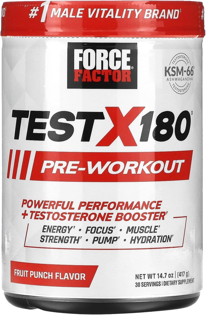 FORCE FACTOR Test X180 Pre- Workout Powder & Energy Supplement, Boost Focus & Endurance, Build Muscle & Strength, nitrogenoxid tillæg med Ashwagandaha & L- Citrullin, Fruit Punch, 30 Servere