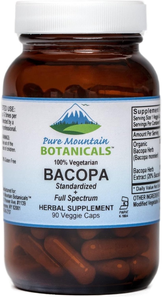 Pure Mountain Botanicals Bacopa Monnieri Kapsler - Vegan Caps med Organic Bacopa & Standardized Bacopa Extract Supplement