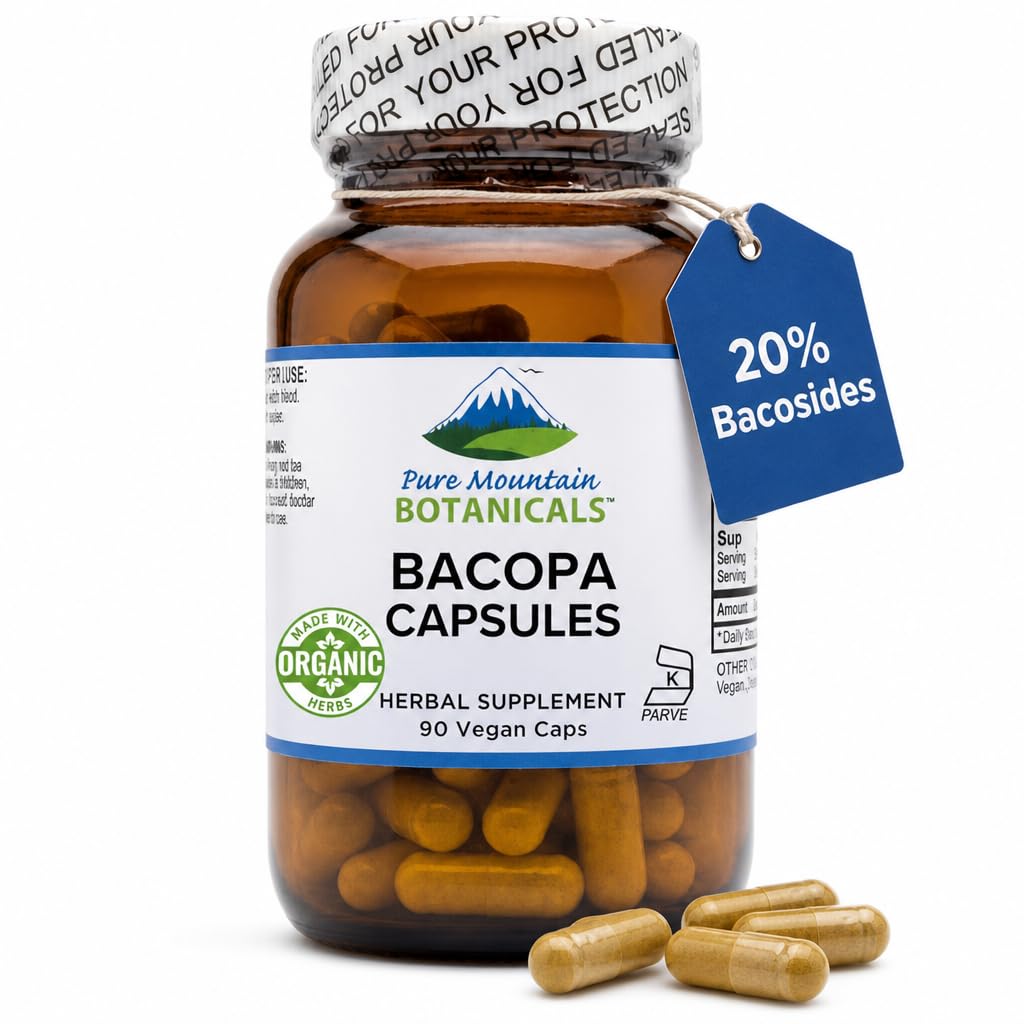 Pure Mountain Botanicals Bacopa Monnieri Kapsler - Vegan Caps med Organic Bacopa & Standardized Bacopa Extract Supplement