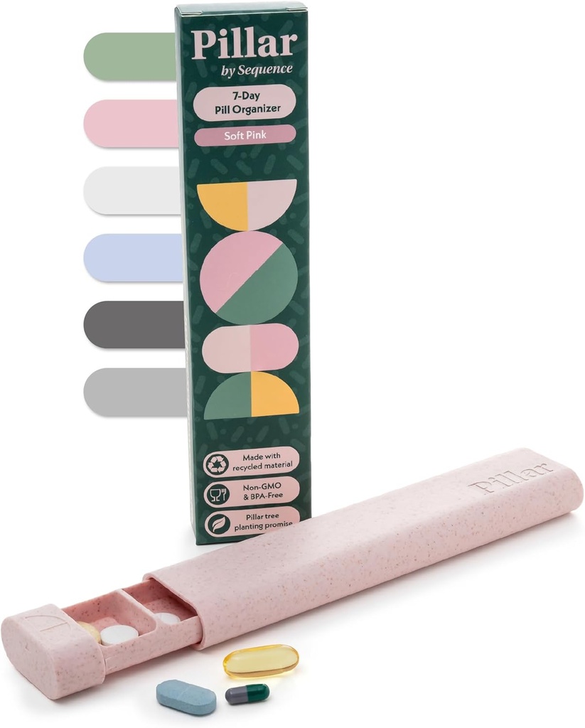 Pillar - 7 Day Pill Box Arrangør 124; BPA- Free Hvedestrå Pill Arrangør 124; Smukke tablet Arrangør til rejse og hjem (Soft Pink)