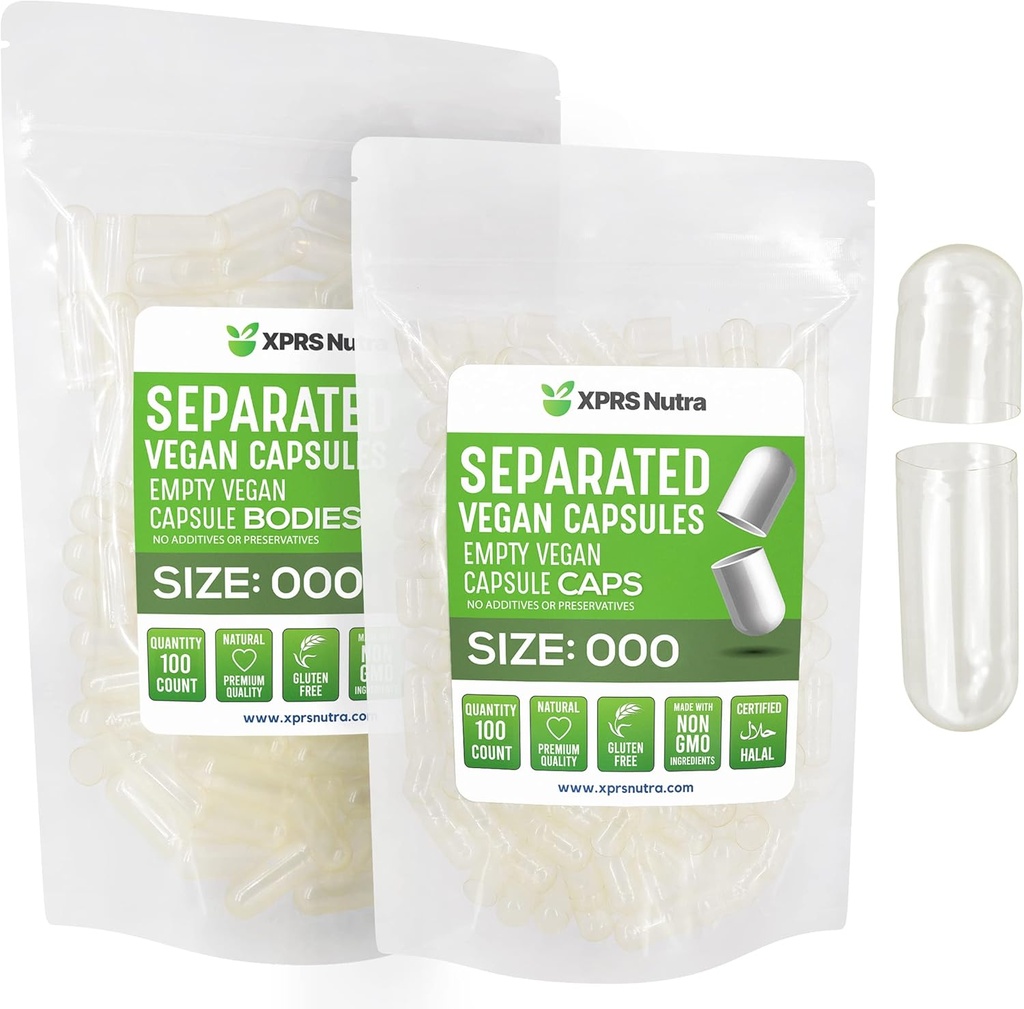 XPRS Nutra Vegan Størrelse 000 Separated Capsules - 100 Grev Premium Tomme Caps Separeret i sække - Clear Tomme Kapsler - 000 Piller til DIY Supplement Filling