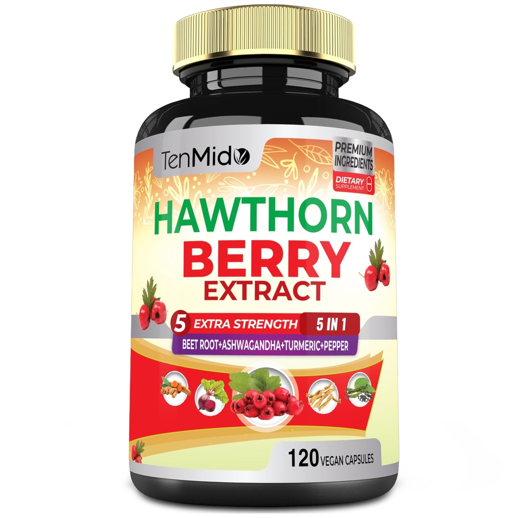 Hawthorn Berry Supplement Uddrag kapsler - 120 Veganske kapsler til 4 Måneder - Kombineret Beet Root, Ashwagandha, Gurkemeje Curcumin & Black Pepper
