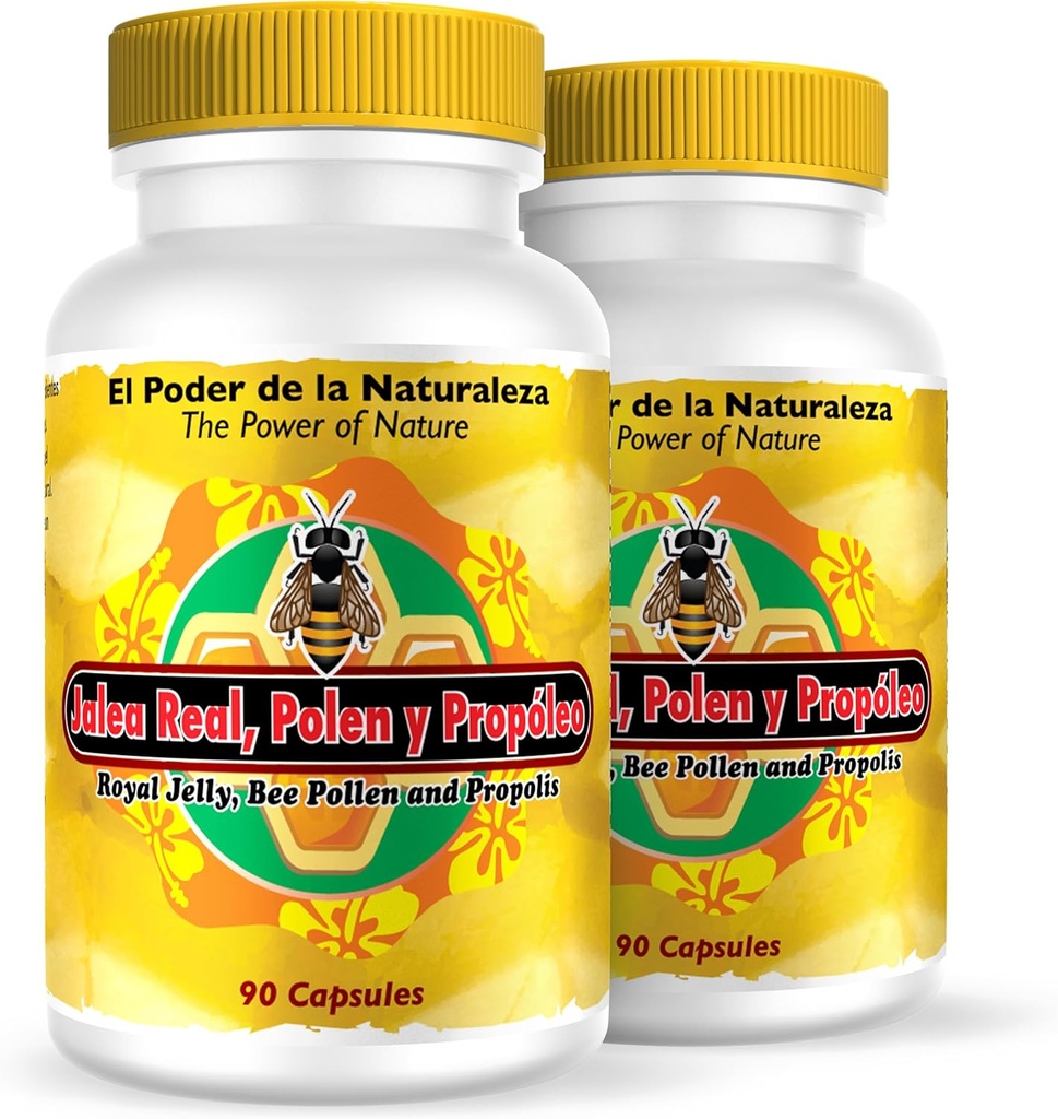 Nutrisalud Products Jalea Real, Polen y Propoleo en UNA sola capsula. Maxima Potencia. Tonico reyngecedor, energia Natural, .Set de 2 Frascos con 90 caps. c / u