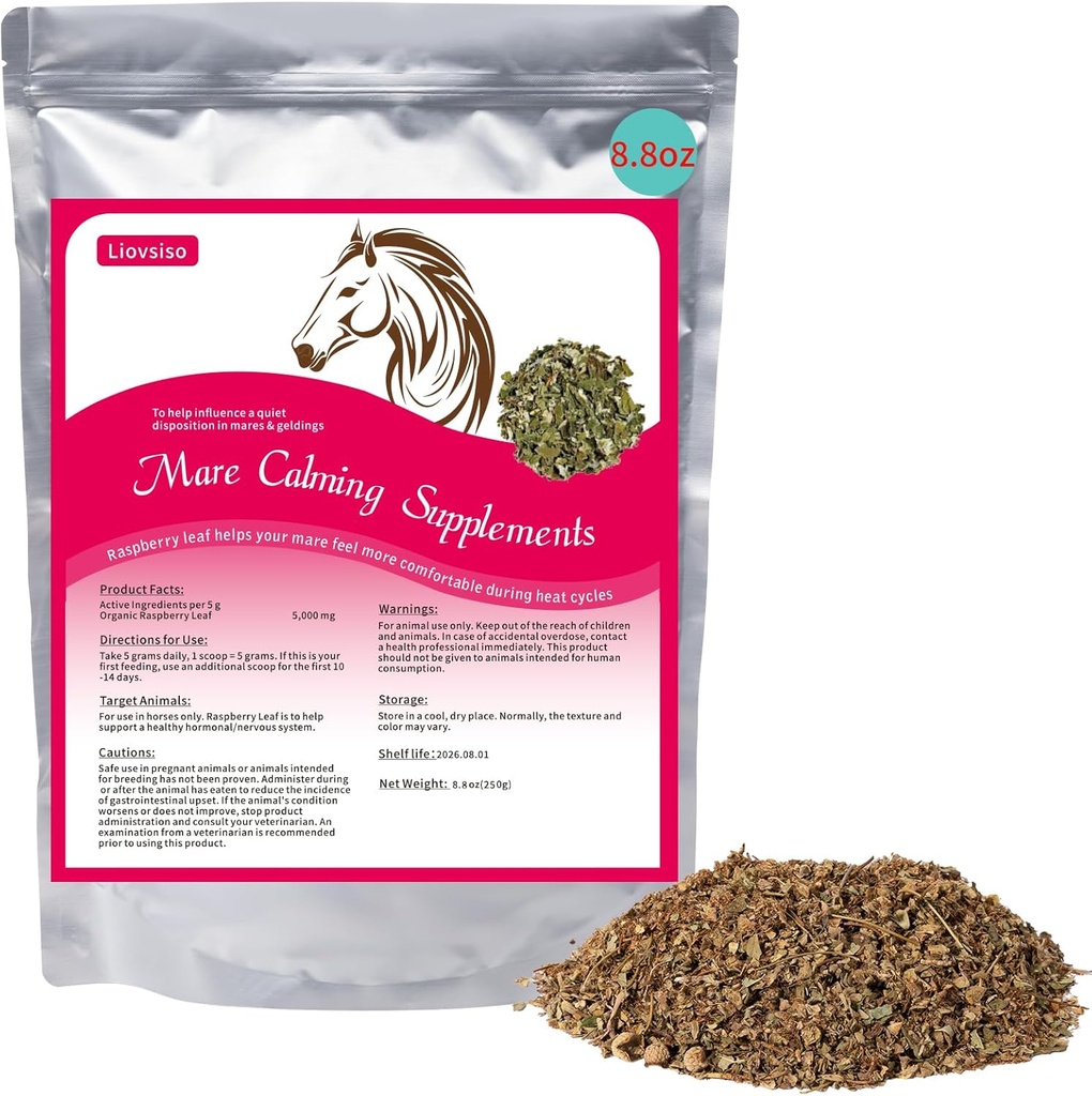 8.8 oz Horse Calming Supplement - Natural Raspberry Leaf Eases Angst og ubehag i Moody Mares, Calms under varme cykler - Egnet til Geldings Også