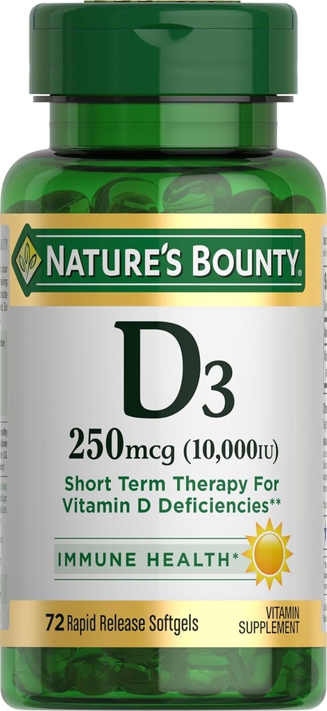 Naturens Bounty D-vitamin til immunforsvar og fremmer sunde knogler, 10000IE, Softels, Multi- Color, 10.000 IE, 72 Greve (pakke med 1)