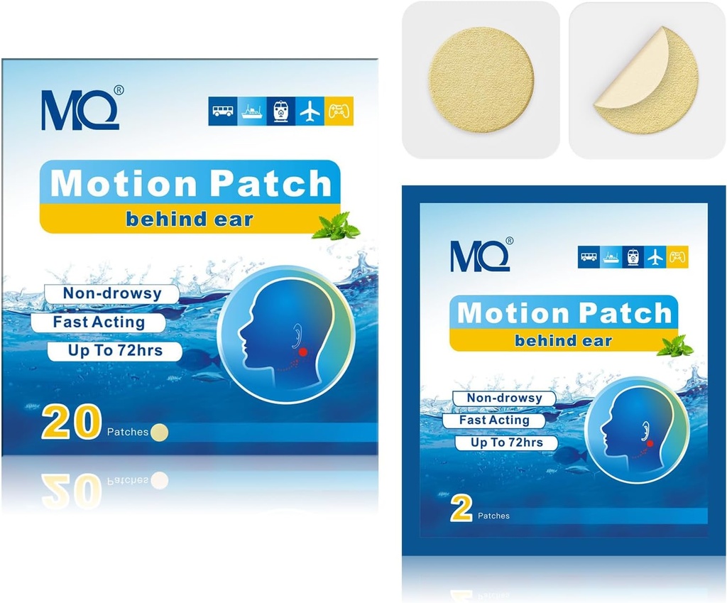 MQ 20ct Motion Sygdom Patches, Lys farve, Sea Sygdom Patches Ikke Drowsy & Vandtæt, Cruise Ship Travel Essentials, Hurtig fungerende & lang levetid 72H