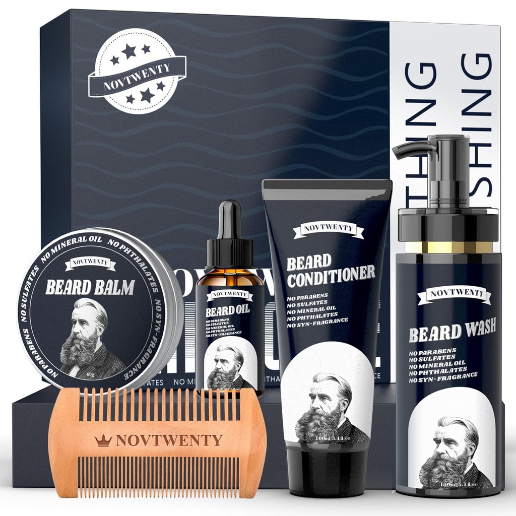Beard Growth Kit - Mobiuty Men 's Beard Care Kit med naturlige ingredienser, Inkluderer Beard Wash, Beard Oil, Beard Conditioner, Beard Balm og Beard Comb, Gave sæt til kæreste Mand Fædre