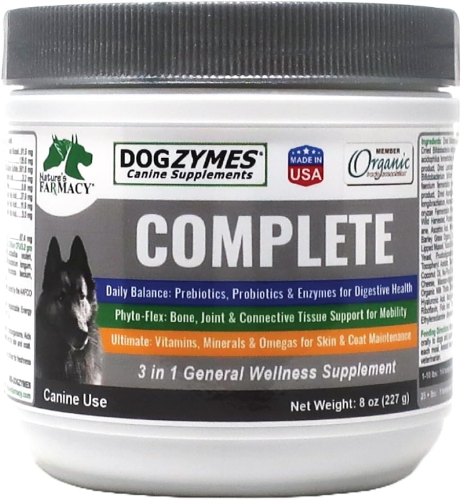 Dogzymes Complete - Probiotika, prebiotika, Glucosamin, Chondroitin, MSM og Hyaluronsyre, Komplet Skin og Coat Care (8 Ounce)