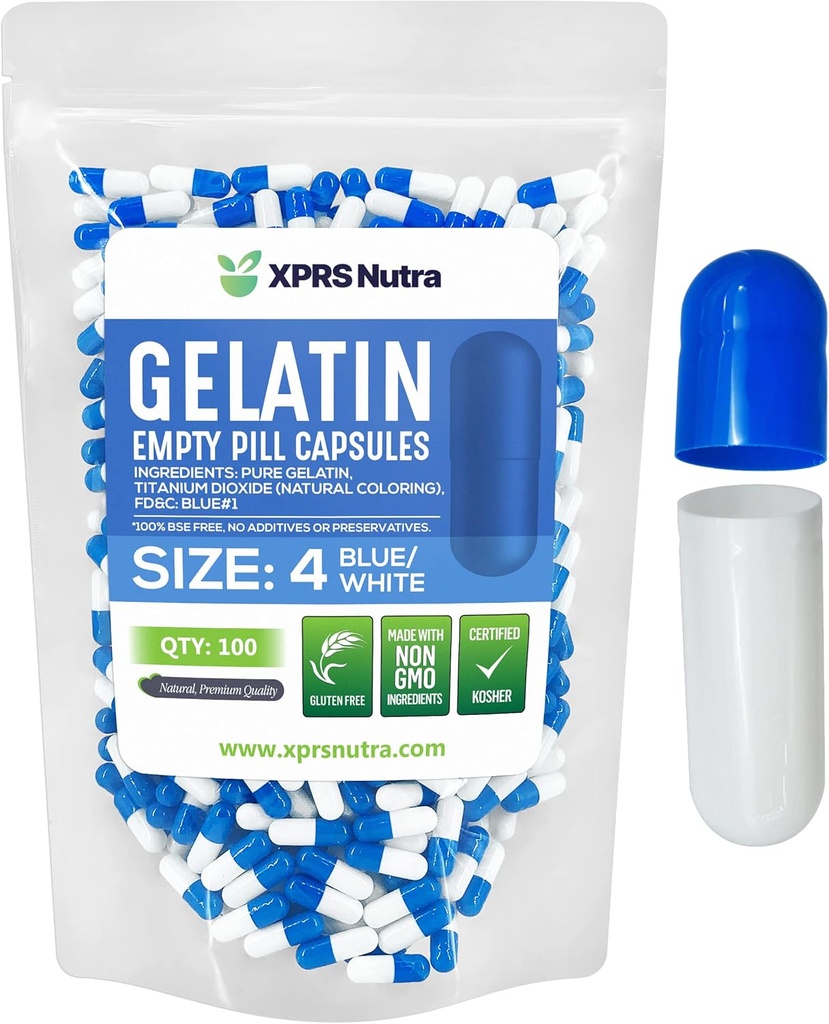 XPRS Nutra Size 4 Empty Capsules - 100 Count Small Empty Gelatin Capsules - Pills DIY Capsule Filling - Fillable Pure Bovine Pill Gel Caps for Do-It-Yourself Supplements (Blue/White)