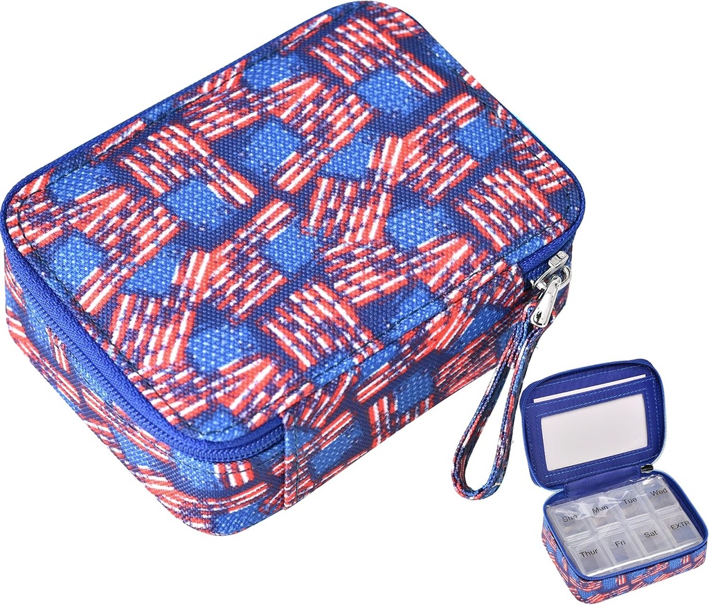 Pill Organizer Case Travel Medicine Box 7 Day Vitamin Supplement Compact Dispenser i lynlås Pouch Bag (US Flag)