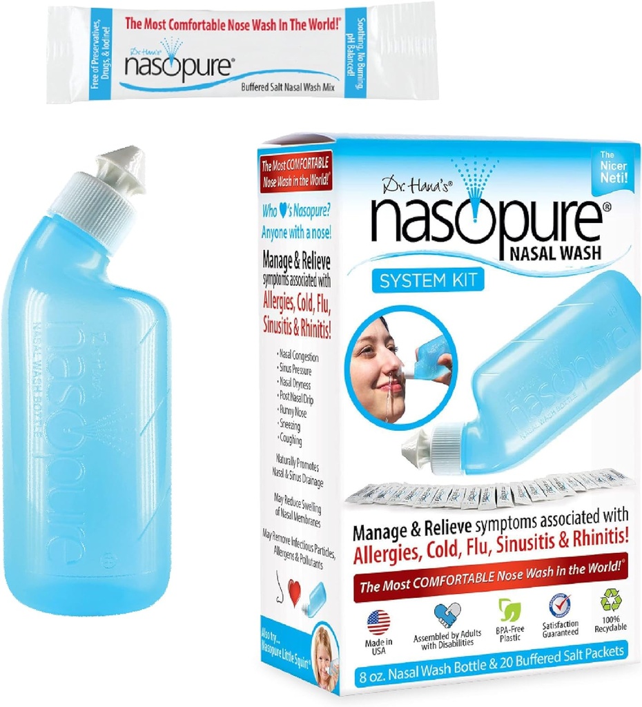 Nasopure Nasal Wash, System Kit, "The Nicer Neti Pot" Sinus Wash Kit, Komfortabel Nasal Rinse 8 Oz Flaske & 20 Salt Pakker (3.75 Bedste Hver), Nasal Congestion, Cold, Flu, Allergi, Nasal Vandladning