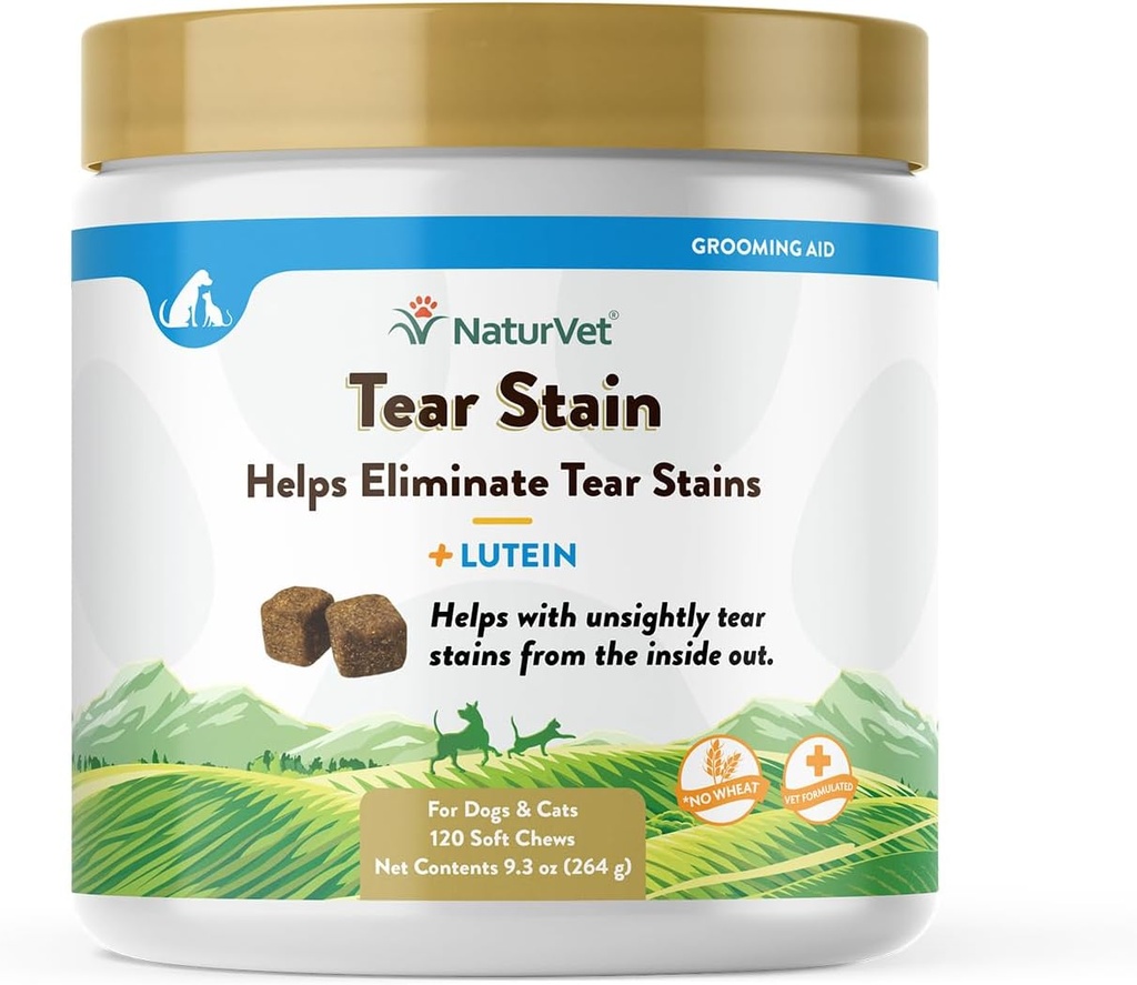 NaturVet Lutein Tear Stain Kosttilskud til hunde & Katte - Prevents Tear Stains til hund, Cat Breeds - Inkluderer Oregon Grape Root, Marshmallow Root, Tranebær Extract - 120 Ct.