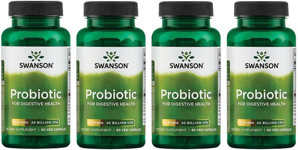 Swanson Probiotika til fordøjelsessygdomme GI Tract immunforsvar Rejsende Support 20 Millioner CFU med Prebiotic FOS 60 Veggie kapsler (4 Pack)