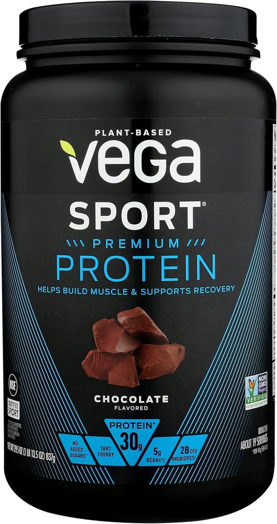 Vega Sport Premium Protein Powder, Chokolade, Vegan, 30g Plantebaseret Protein, 5g BCAA, Lav Carb, Ingen sukker, Keto, Dairy Free, Gluten Free & Non- GMO, Pea Protein for kvinder og mænd, 29.5 Oz