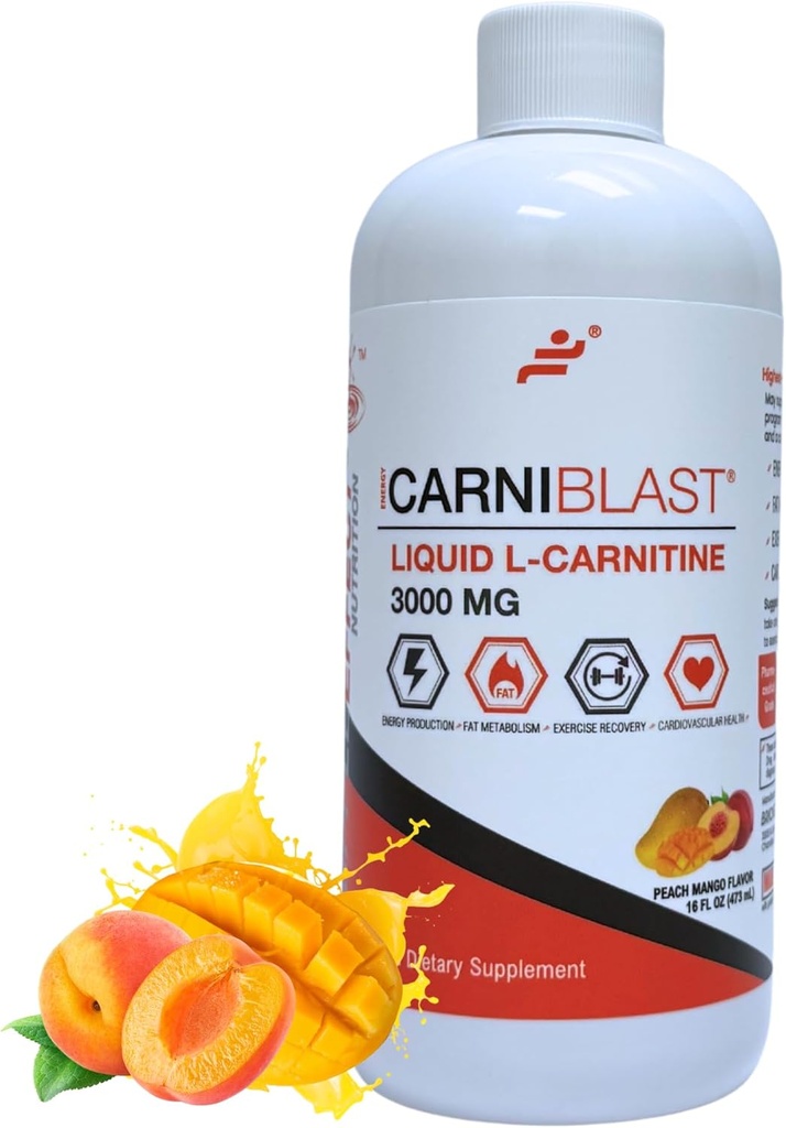 Bricker Labs CARNIBLAST Liquid L-Carnitine 3000mg – Carnipure® Sports Nutrition Supplement for Energy, Stamina & Workout Recovery – Peach Mango Flavor, 16 Fl Oz, Vegan, Gluten-Free, Non-GMO