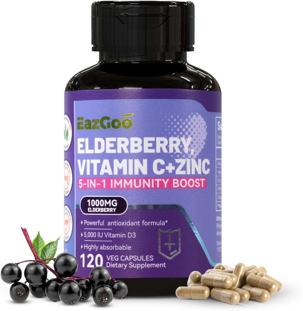 Sambucus Elderberry med Zink & C-vitamin - 5 i 1 immunsupporttillæg, ikke-GMO, 120 vegetariske kapsler, 2 Måneders forsyning