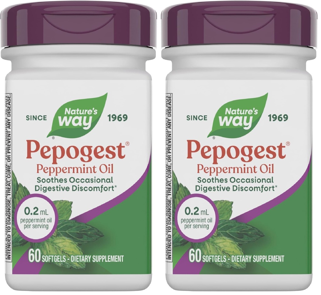 Nature 's Way Peptel Peppermint Oil, Lindrer lejlighedsvis Gastrointestinal discomfort *, 60 Softgels (pakke med 2)
