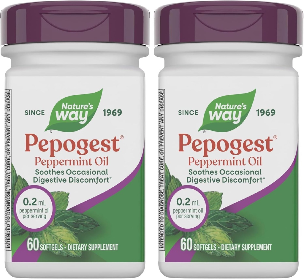 Nature 's Way Peptel Peppermint Oil, Lindrer lejlighedsvis Gastrointestinal discomfort *, 60 Softgels (pakke med 2)