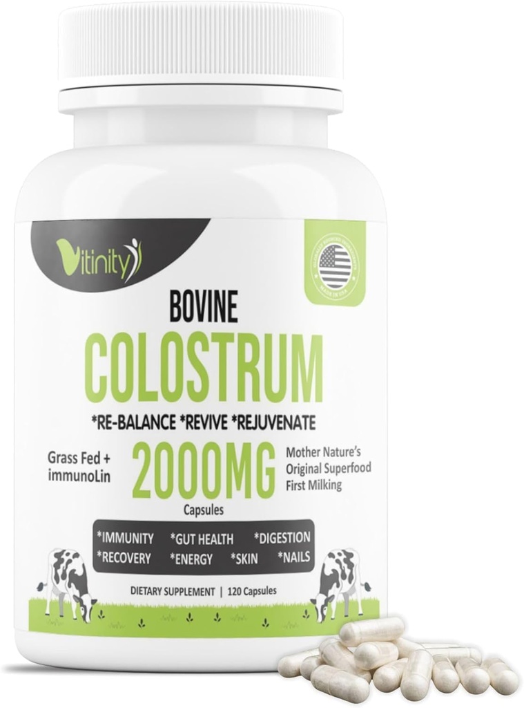 VITINITY Græs Fed Bovine Colostrum Kapsler til mennesker - Natural IgG Colostrum Supplement til Gut Sundhed, immunforsvar, Muscle Recovery & Wellness; Pure Colostrum Superfood, Unflavored (120 Count)