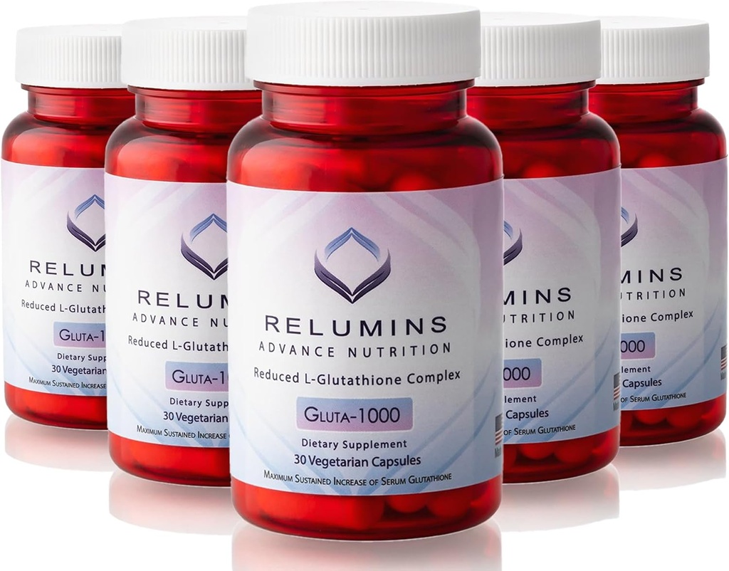 Reluminer Advance Nutrition Gluta 1000 - Reduceret L- Glutathion, Alpha Lipoic Acid & Rose HIPS, Antioxidant Support for Skin & Samlet Wellness, Lavet i USA - 30 kapsler x 5 flasker (75-Day Supply)