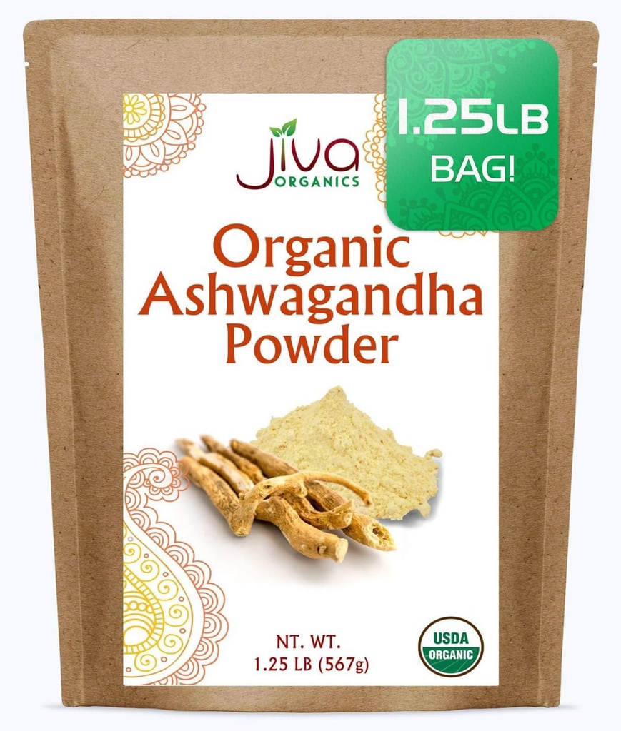 Jiva Organics Ashwagandha Root Powder 1,25 Pound (20oz) - Gluten Free, Indian Ginseng, Raw, Pure, Non- GMO, Lab Testet Ayurvedic Indian Powder