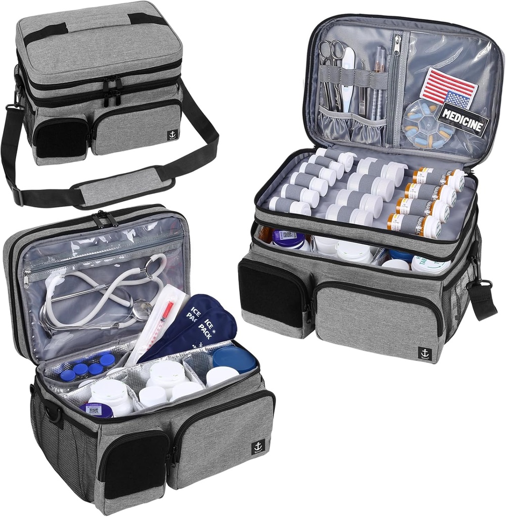 Dobbelt Layers Medicine Bag med isoleret kompartment pilleflaske Organizer med låsbar lynlås, Travel Medicine Organizer med bløde skulderstropper til pilleflasker, Medicinske forsyninger