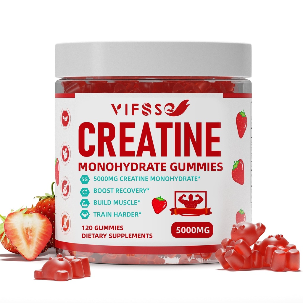 Creatinmonohydrat Gummies 5 g til mænd og kvinder, 120 Sukkerfri Gummies med 200 Mg Magnesium Glycinat, 200 Mg L- Threonat til muskelstøtte, Energy Boost