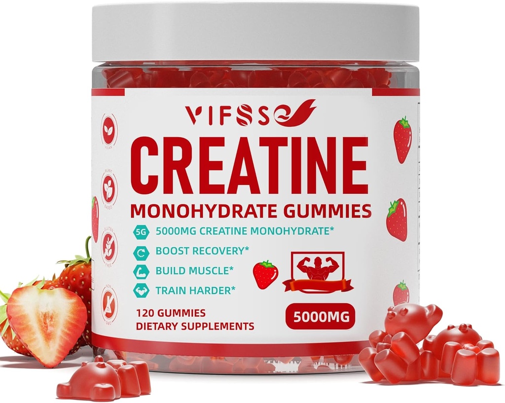 Creatinmonohydrat Gummies 5 g til mænd og kvinder, 120 Sukkerfri Gummies med 200 Mg Magnesium Glycinat, 200 Mg L- Threonat til muskelstøtte, Energy Boost