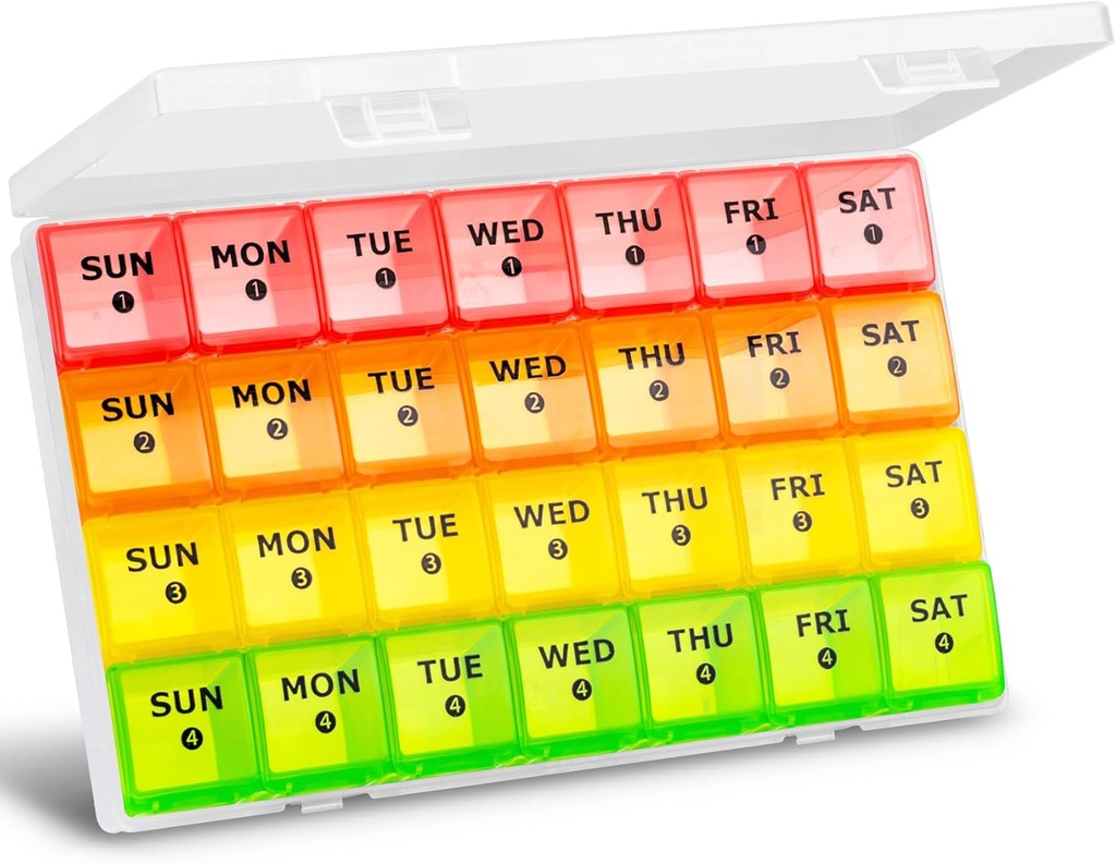 Stor Månedlig Pill Organizer, XL 4 uger Pill Box, 28 dages Pill Cases Organizerd efter uge, Big Segment Pill Container med støv- bevis, for piller / Vitamin / Fish Oil / Kosttilskud, af Yaklim (ROYG)