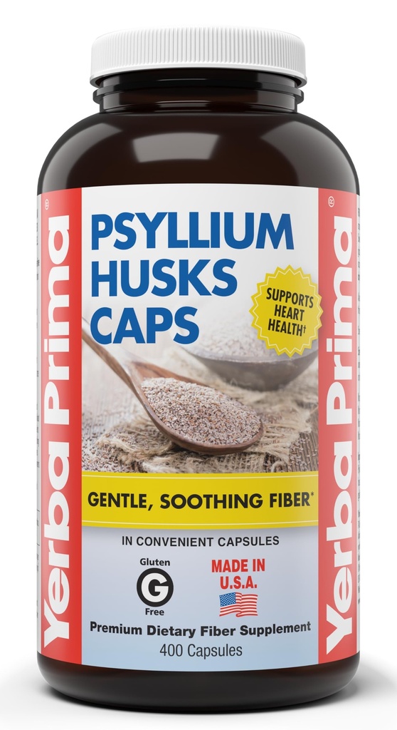 Yerba Prima Psyllium Husks Caps, 625 mg, 400 Kapsler - Naturfibre til mænd og kvinder - Regularitet Support
