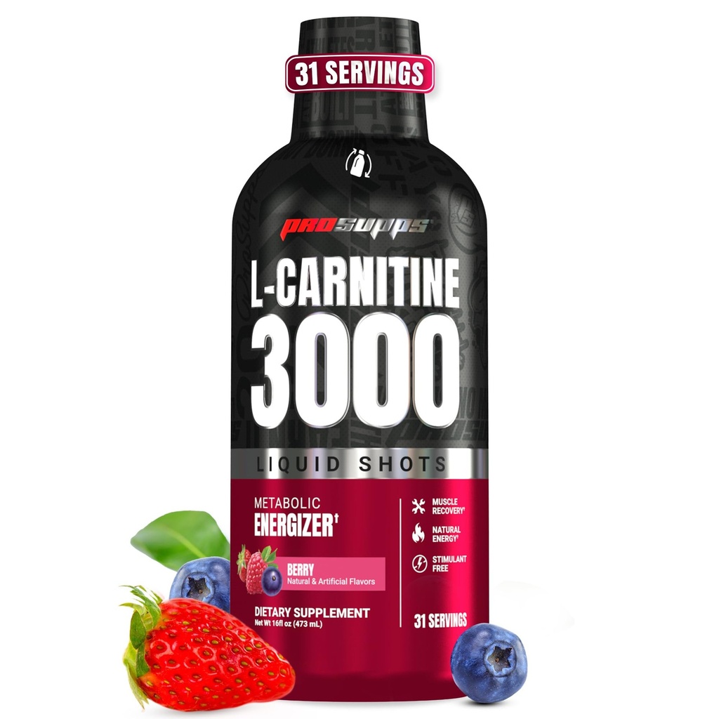 PROSUPPS L- Carnitin Liquid 3000, Stimulant- Free Liquid Shots for Mænd & Kvinder - Ren workout drink for energi, ydeevne og muskel Inddrivelse - Ingen sukker, ingen kulhydrater - 31 Servering, Berry