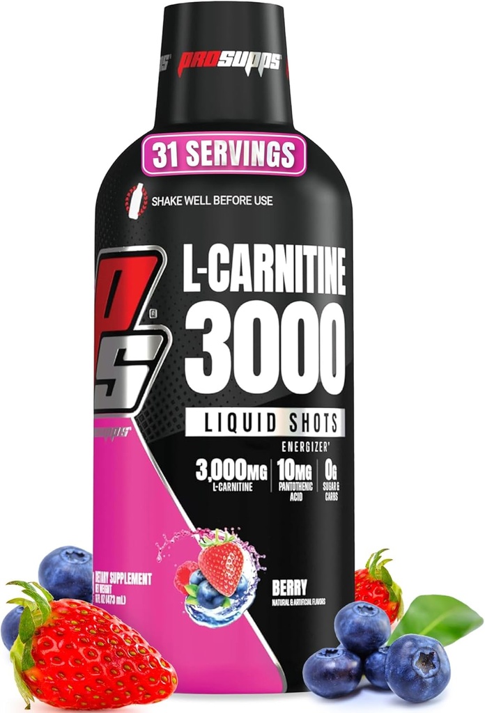 PROSUPPS L- Carnitin Liquid 3000, Stimulant- Free Liquid Shots for Mænd & Kvinder - Ren workout drink for energi, ydeevne og muskel Inddrivelse - Ingen sukker, ingen kulhydrater - 31 Servering, Berry