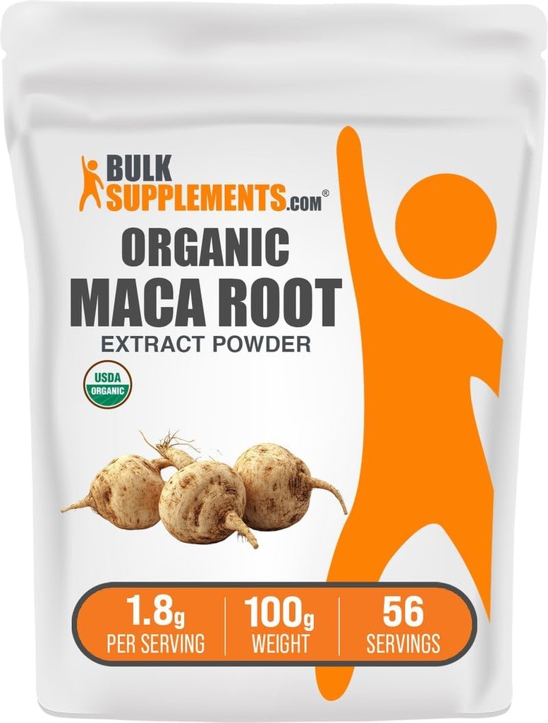 BulkSupplements.com Organic Maca Root Extract Powder - Organic Maca Powder, Nutritional Supplement - Vegan & Gluten Free, 1,8g per servering, 100g (3,5 oz) (Pakning med 1)