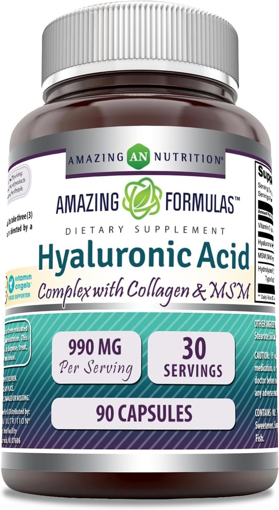 Amazing Formulas Hyaluronic Acid Super Complex med MSM, Collagen Type I & III, og C-vitamin Note 124; 990 Mg