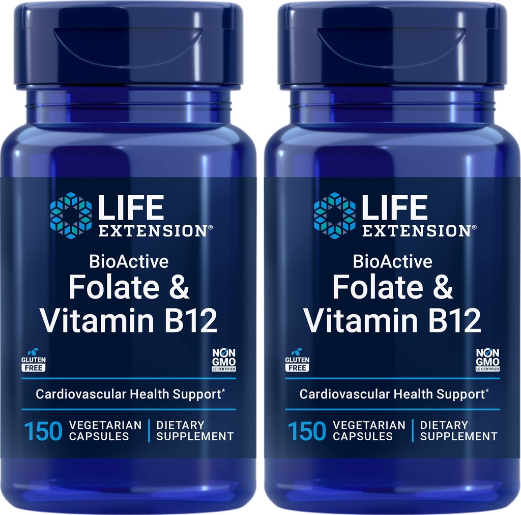Life Extension BioActive Folate & Vitamin B12, 150 Vegetariske Kapsler (pakke med 2), Ikke GMO, Gluten Free