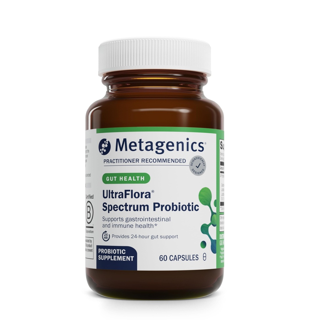 Metagenics UltraFlora Spectrum - Shelf- Stabil Probiotisk til Gut & fordøjelsesbesvær, Sund Mikrobiom & Flora Support * - Non- GMO & Gluten- Free - 2 - Måned Supply - 60 Kapsler